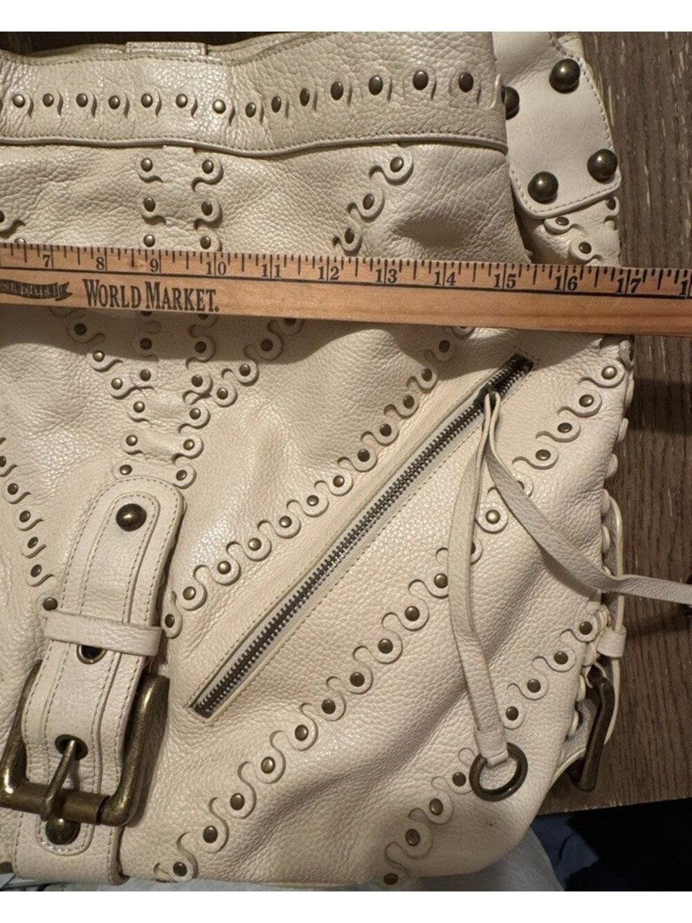 Vtg Besso Cream Italy Studded Leather Shoulder hobo Bag Y2K Western Boho Buckle - Picture 13 of 16